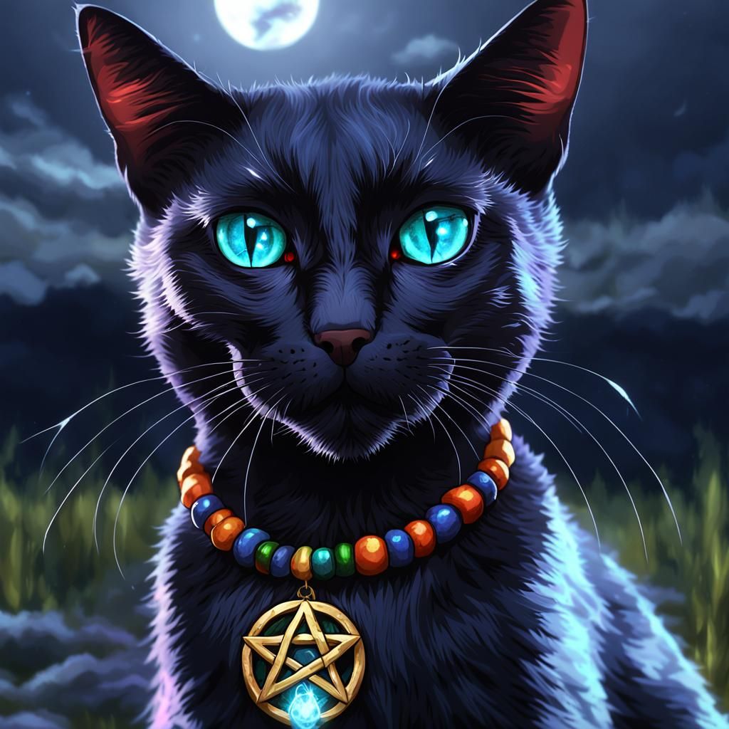 Witch's Cat with Magical Amulet in Anime Style