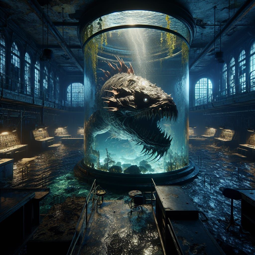 Menacing Sea Creature in Abandoned Lab, Realistic Style
