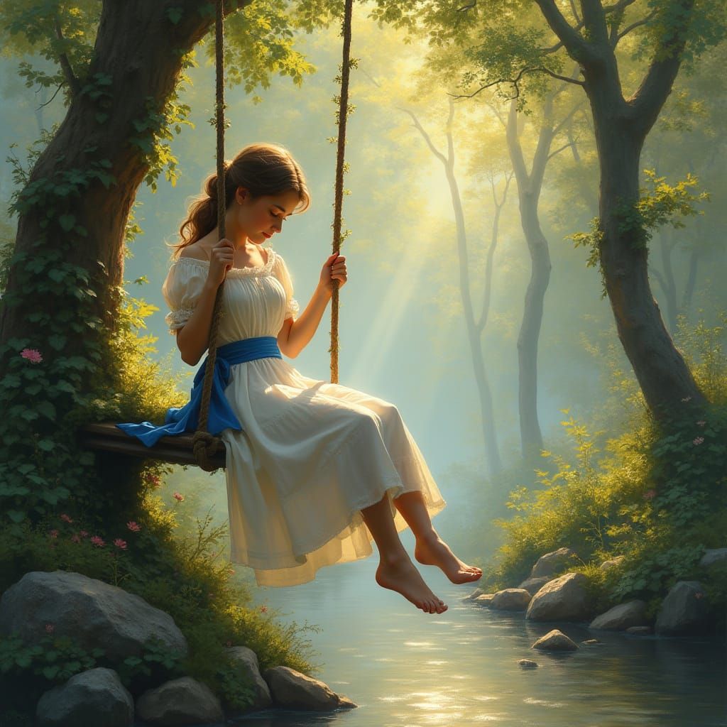 Victorian Girl on Rope Swing in Impressionistic Forest
