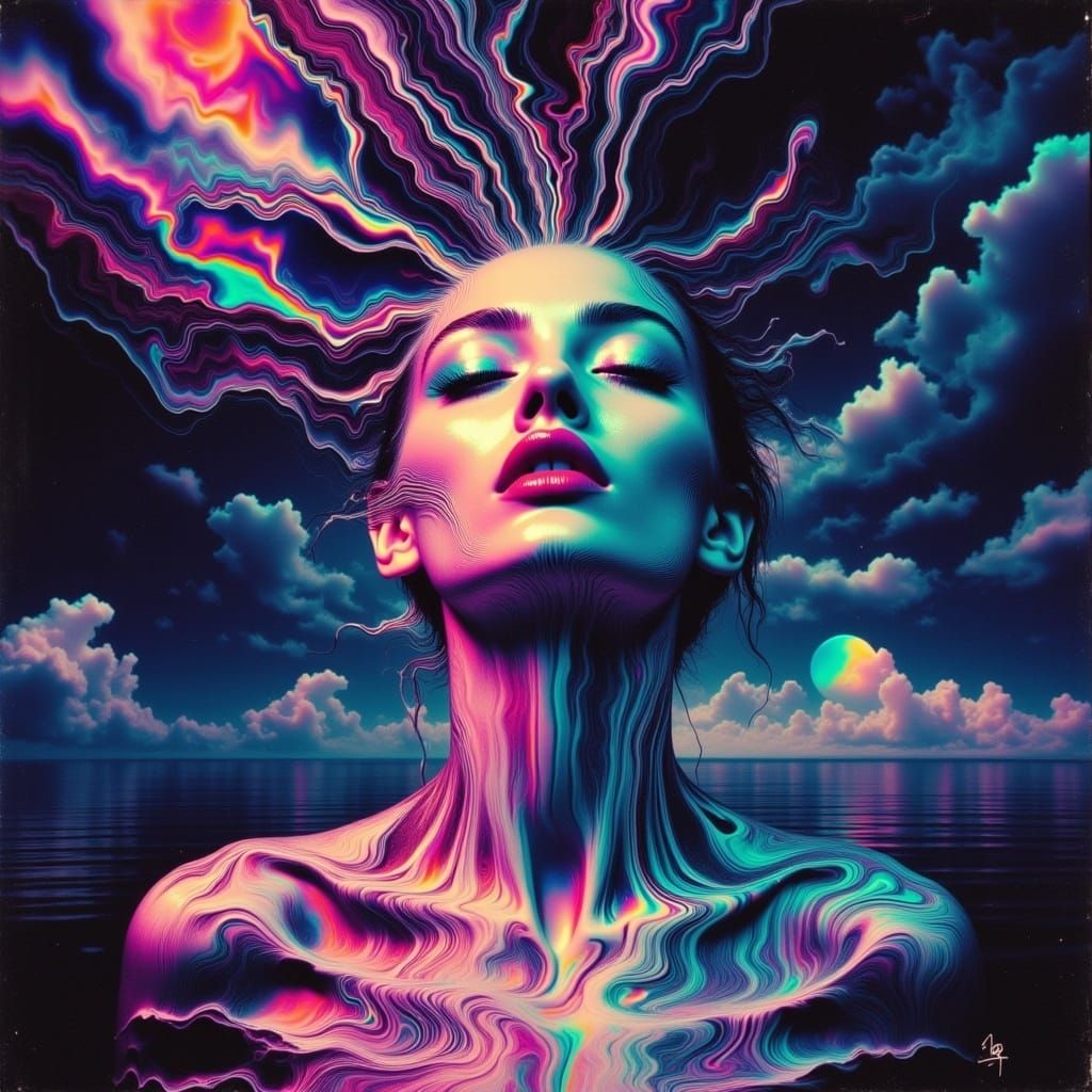 Prismatic Human Figure in Surreal Landscape