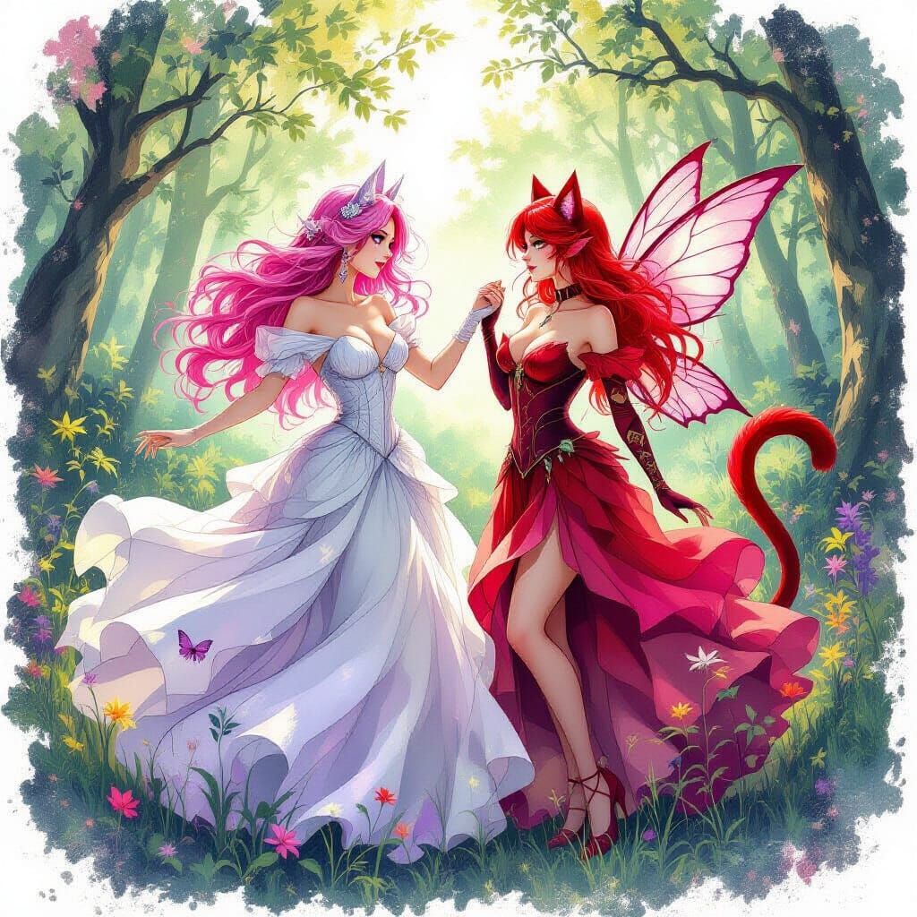 Ethereal Dance in Fairy Forest: Watercolor Ink Splatter Art