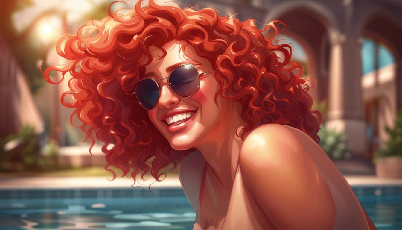 Curvy Redhead by Pool: Hyperdetailed Portrait