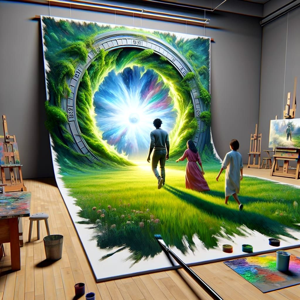 A painting of two people stepping through a time portal, pai...