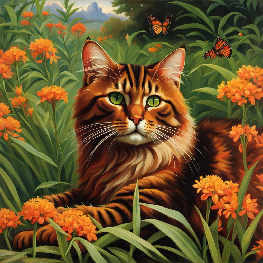 Brown Cat in Butterfly Weed, Anime Style