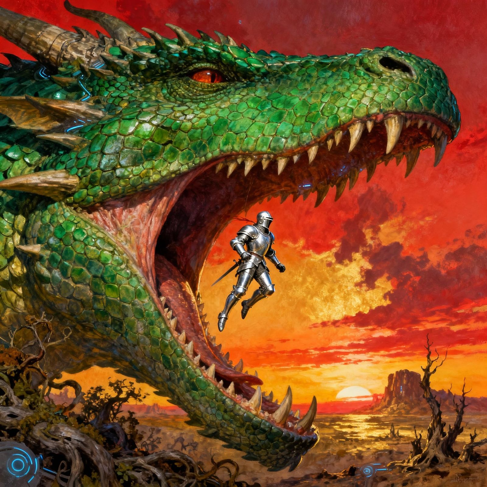 Knight Captured by Emerald Dragon at Fiery Sunset