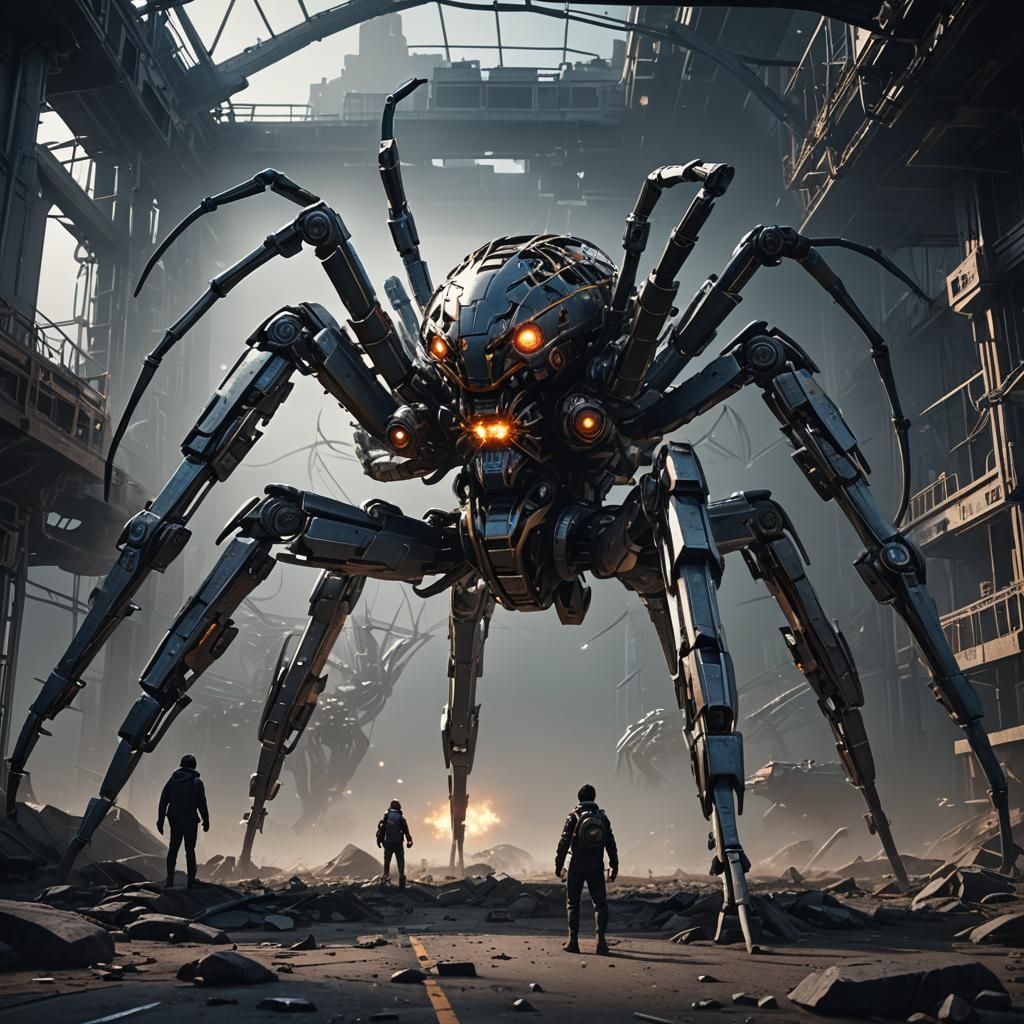 Giant Mecha Spider Looms Over Humans