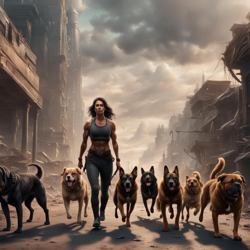 Muscular Woman Walking Dogs: Digital Matte Painting