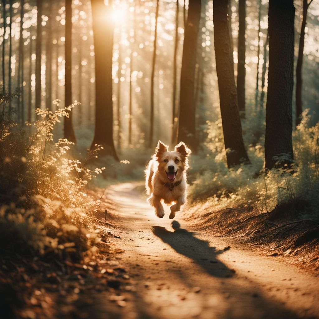 Dog Runs Through Forest in Watercolor Style