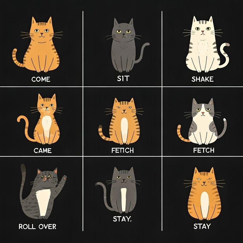 Six Playful Cats Train in Whimsical Style