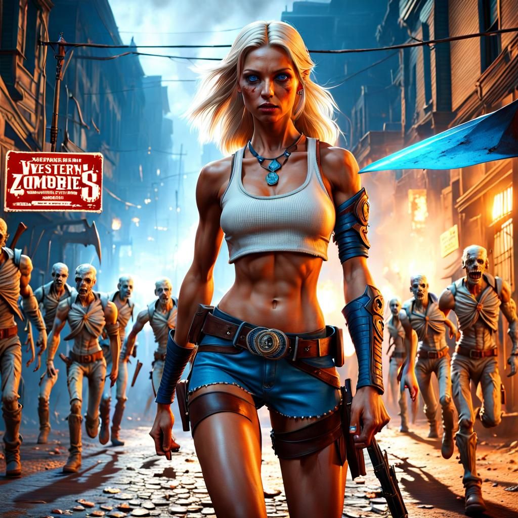 Blonde Woman Leads Zombie Horde on Western Street