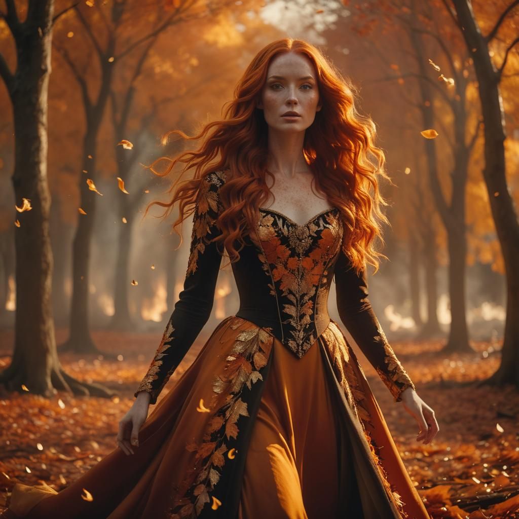 Cinematic Autumn Lady in Flaming Leaves