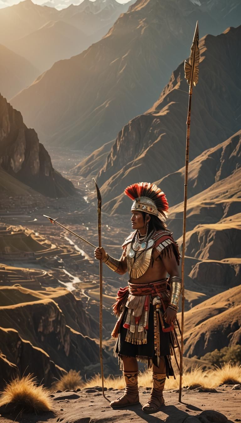 Inca Warrior in Andes Mountains at Golden Hour
