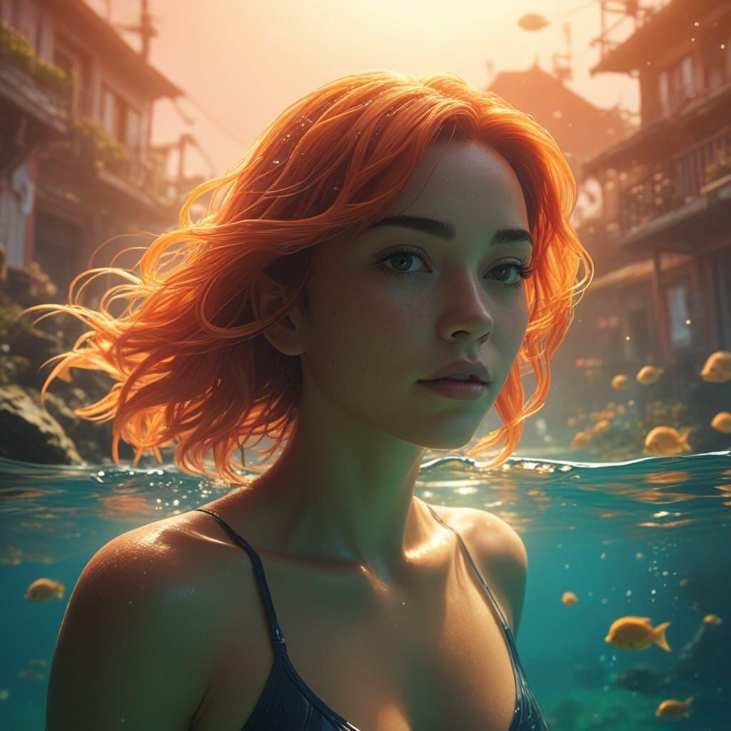 Sea-Woman in Glowing Underwater Neighborhood