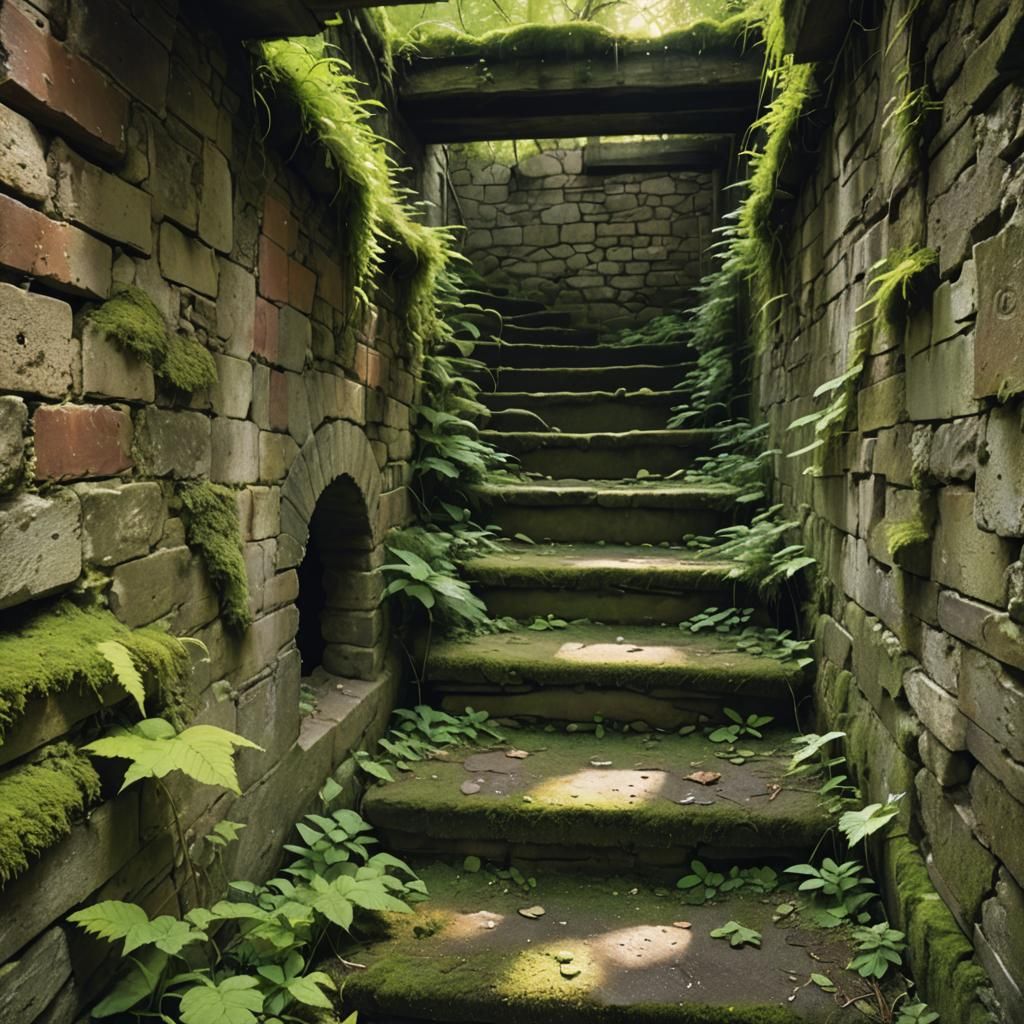 Mossy Stairs Descend into Abandoned Cellar