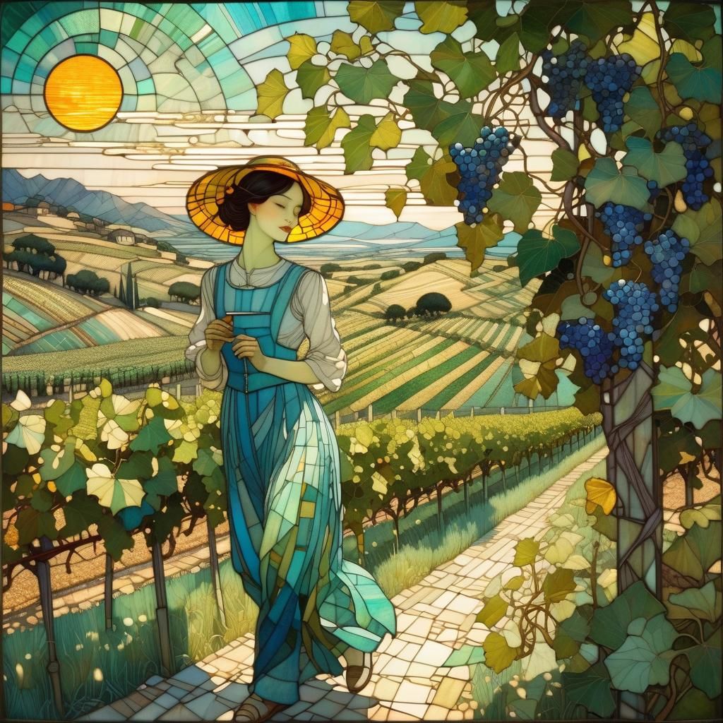 Girl in Vineyard: Trapunto Stained Glass Mosaic