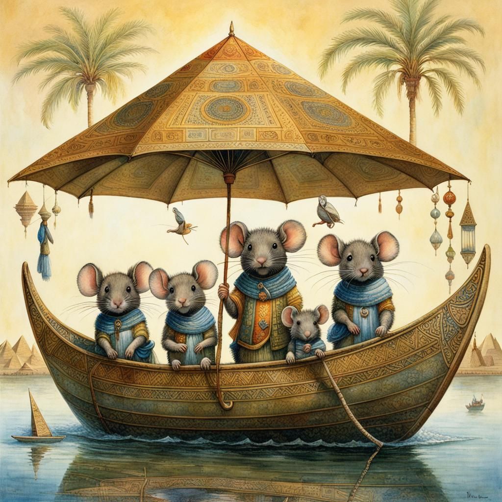 Mouse Family's Nile Adventure in Umbrella Boat