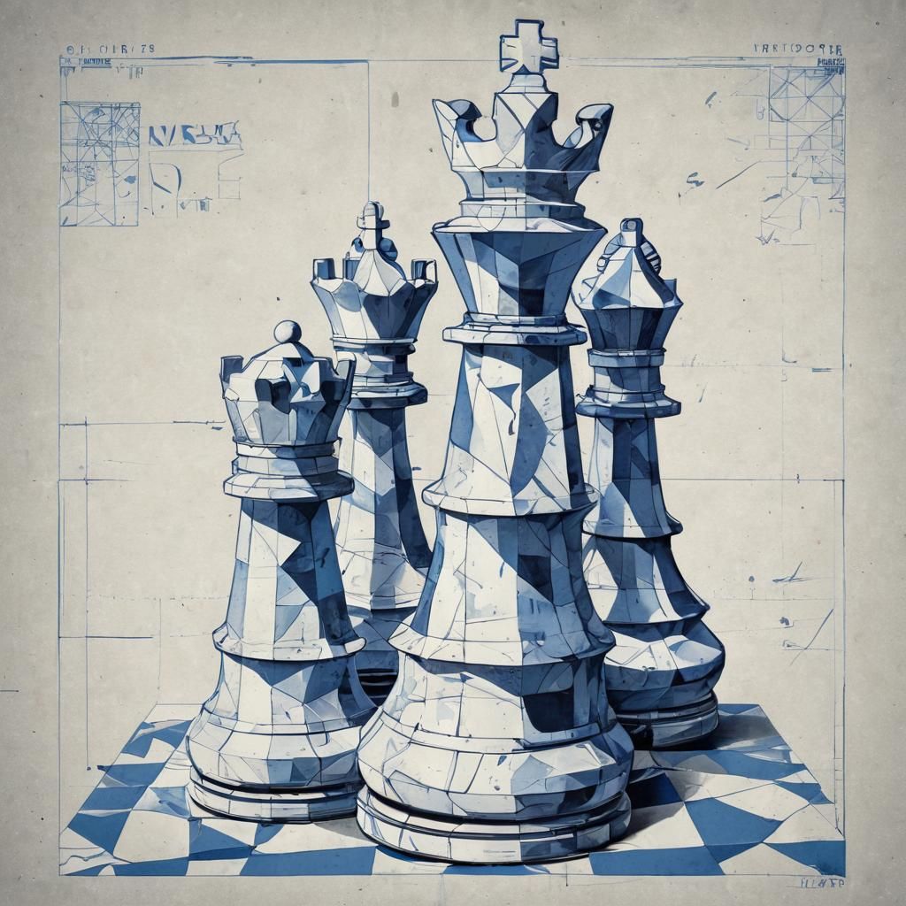 King Chess Piece Blueprint in Cubist Art Deco Style