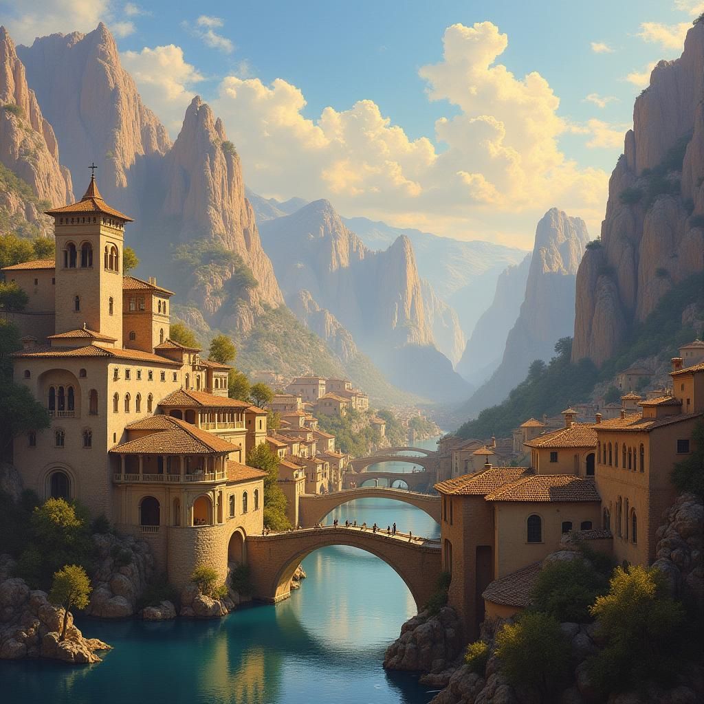 Sun-Drenched Mountain City with Golden Details