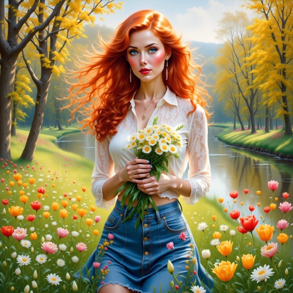 Ethereal Woman in Spring Meadow with Daisy Bouquet