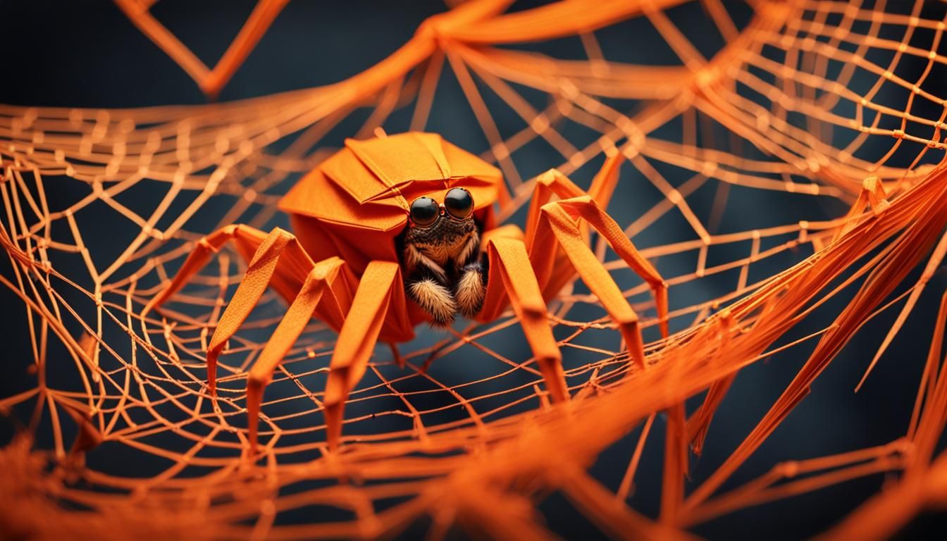 Orange Origami Spider in Web: Hyperdetailed Close-Up