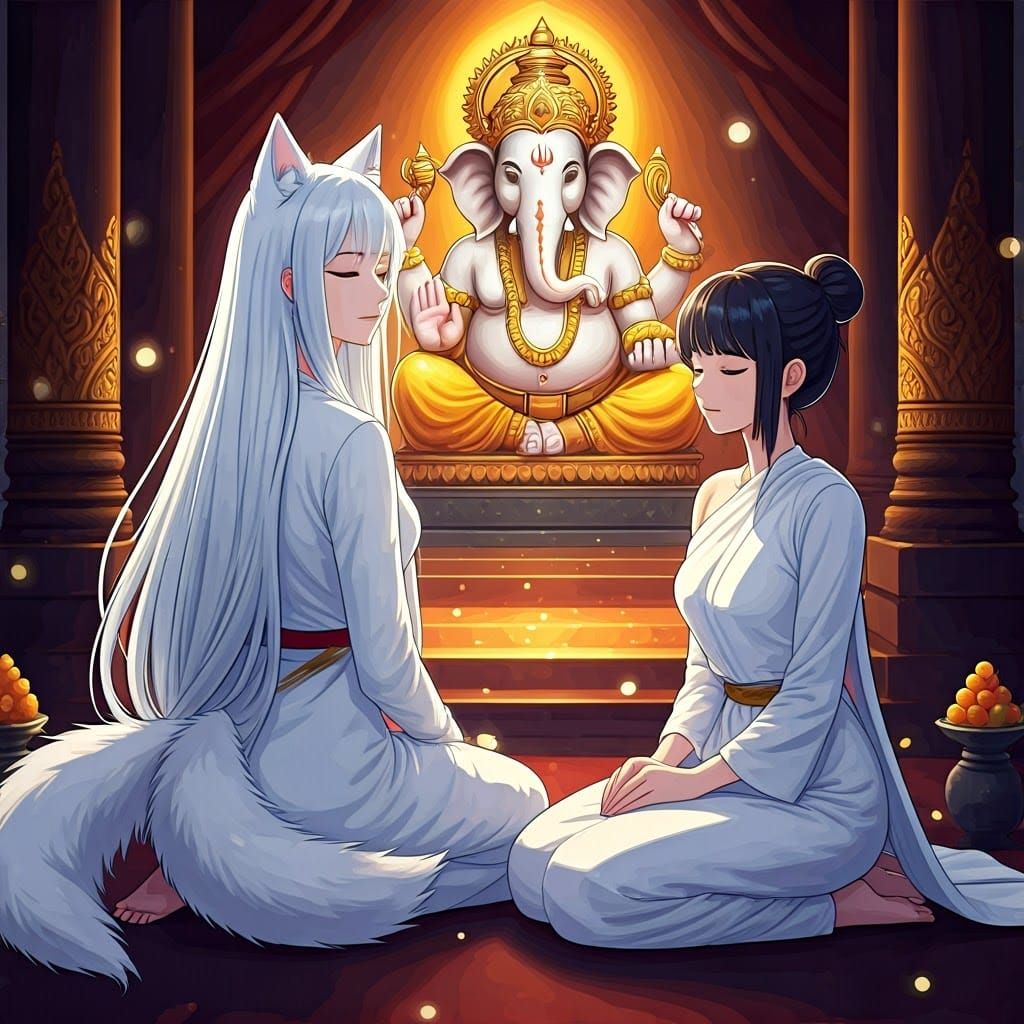 Women Praying at Temple in Anime Style