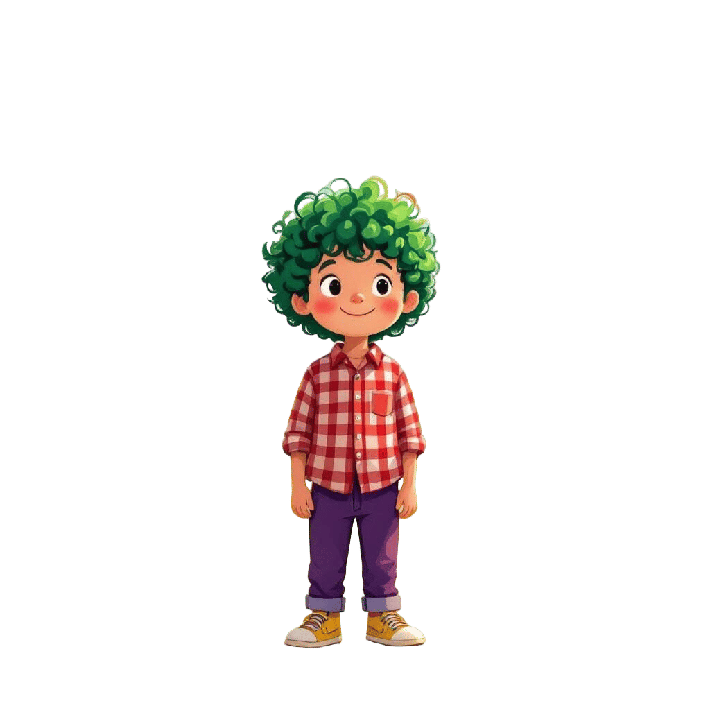 Boy with Green Curly Hair in Park