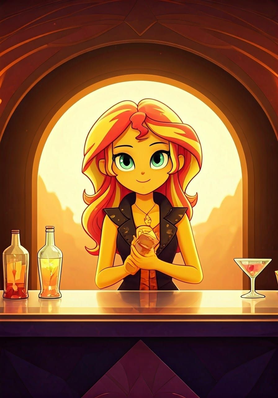 Sunset Shimmer Bartender in Magical Realism Style