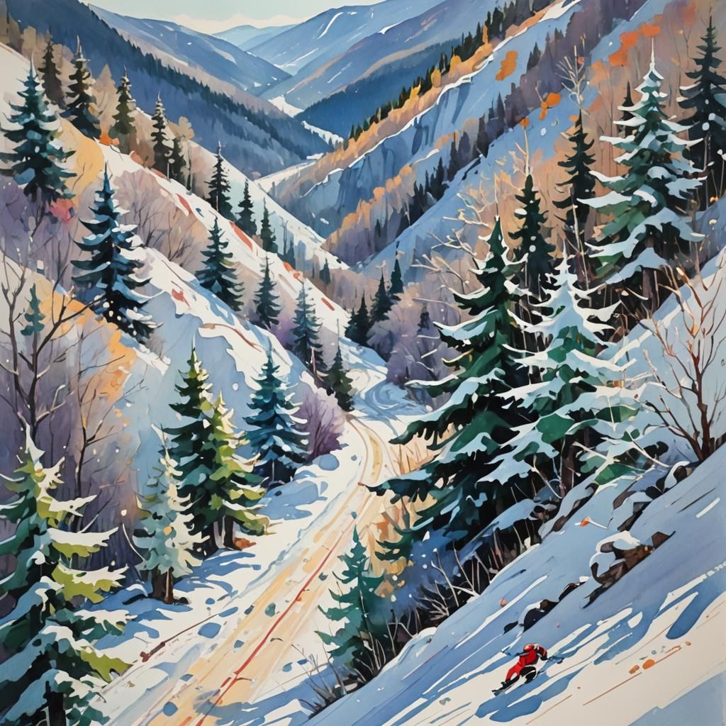 Gouache Winter Scene with Snow Sports
