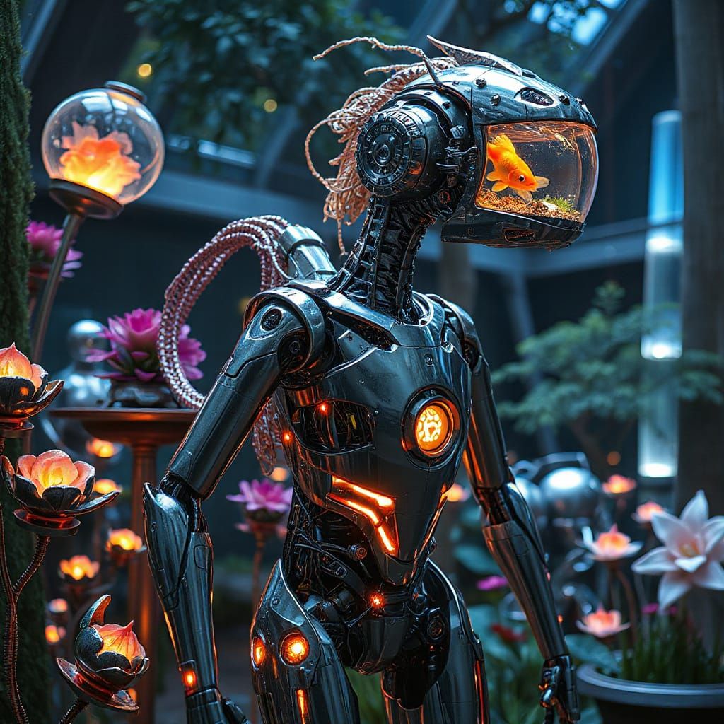 Futuristic Robot with Aquatic Head in Bioluminescent Garden