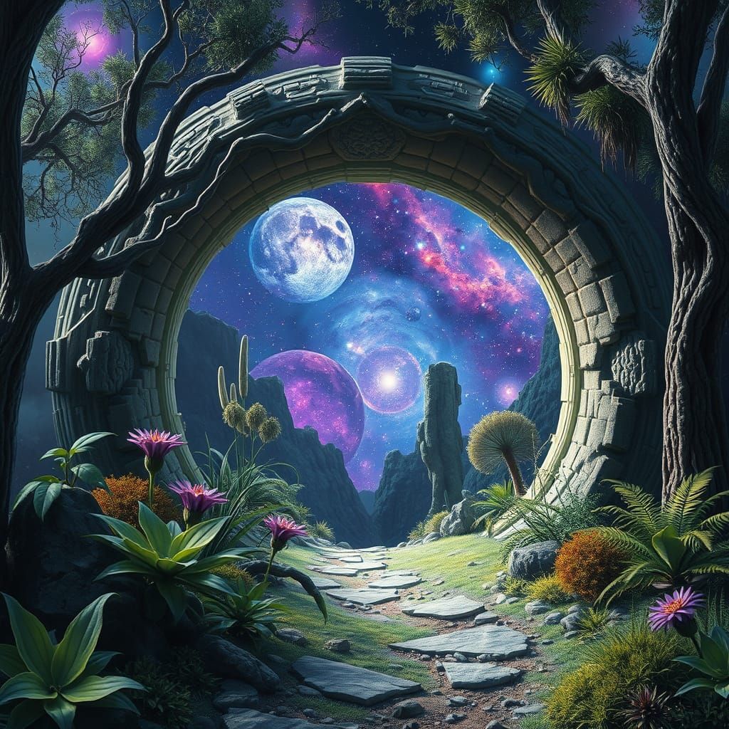 Arched Portal to Distant Galaxies: Pablo Amaringo Style