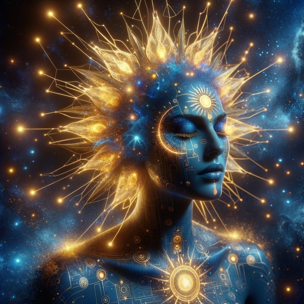 Cosmic Portrait: Sun Goddess and Human Embrace