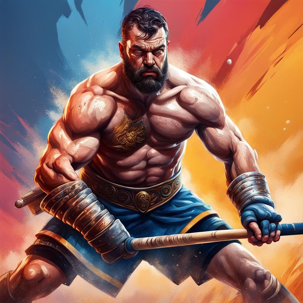 Mighty Warrior with Hockey Stick, Hyperrealistic Art