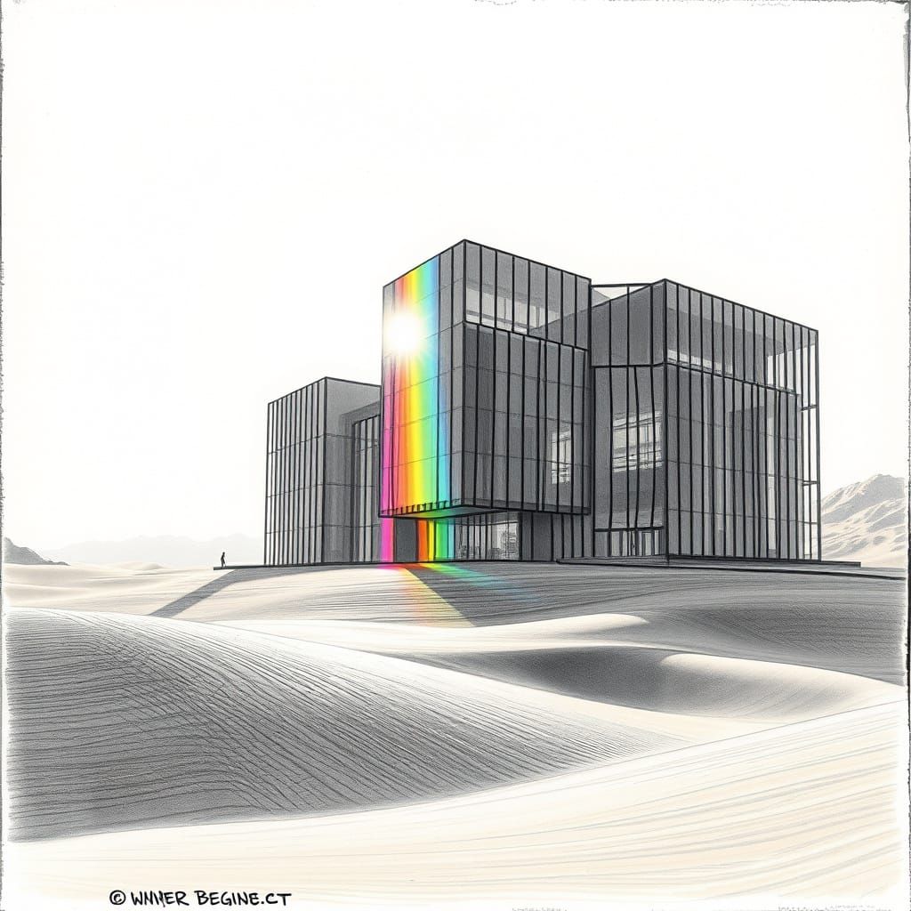 Futuristic Glass Building Rainbow in Charcoal Style