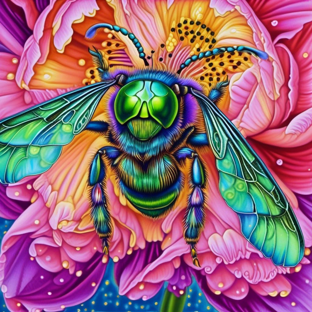 Orchid Bee on Peony Flower: Watercolor Ink Drawing