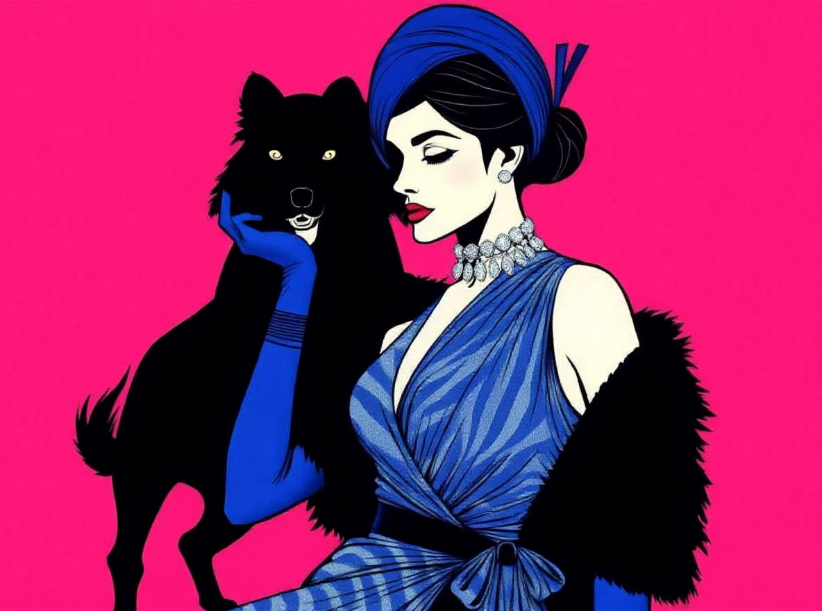 Art Deco Woman and Dog in Vectorized Style
