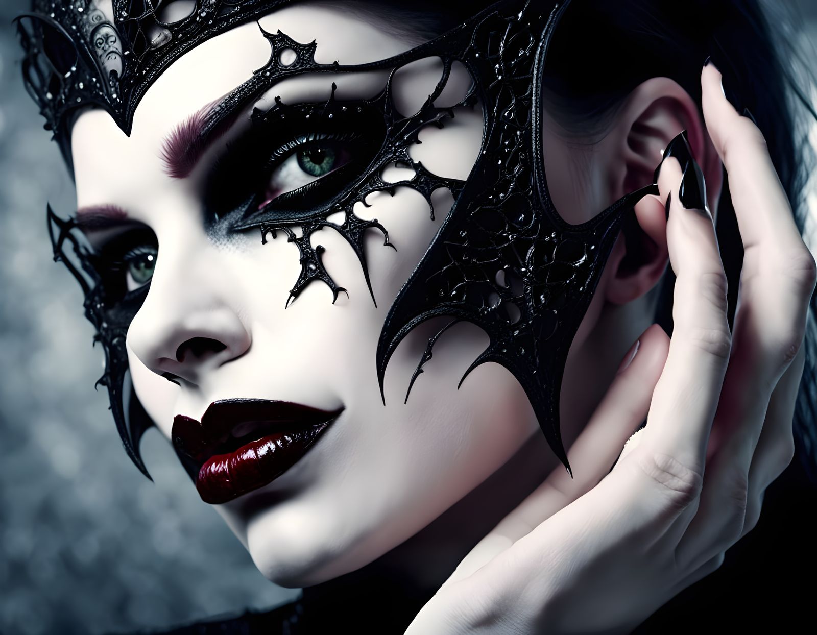 Vampire Girl in Masquerade Mask with Dramatic Lighting