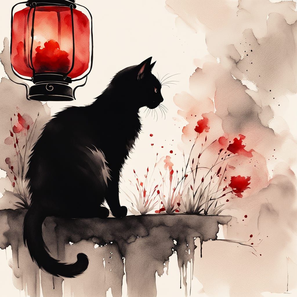 Ink Wash Painting of Cat by Red Lantern