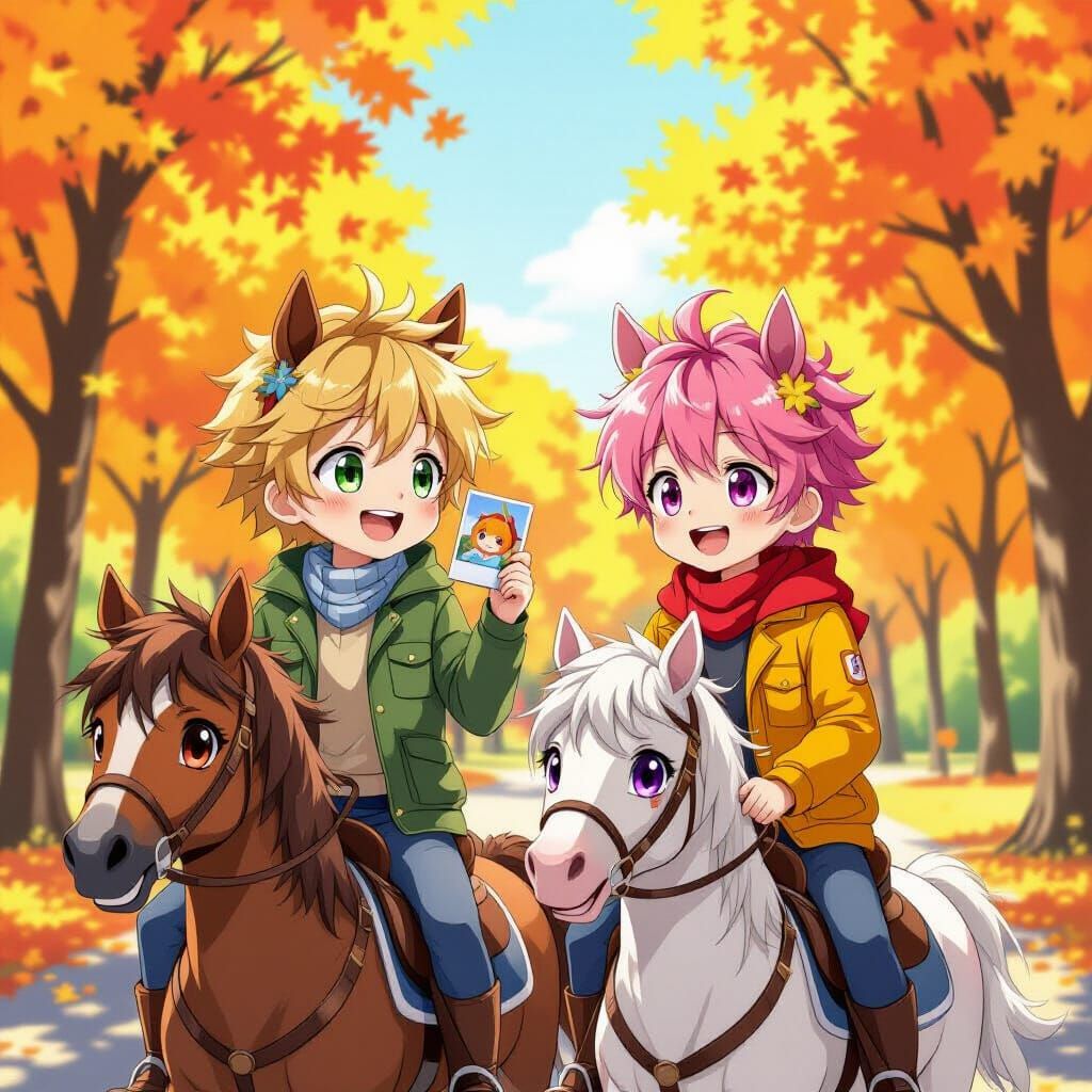 Anime Boys Ride Horses in Sunny Autumn Park