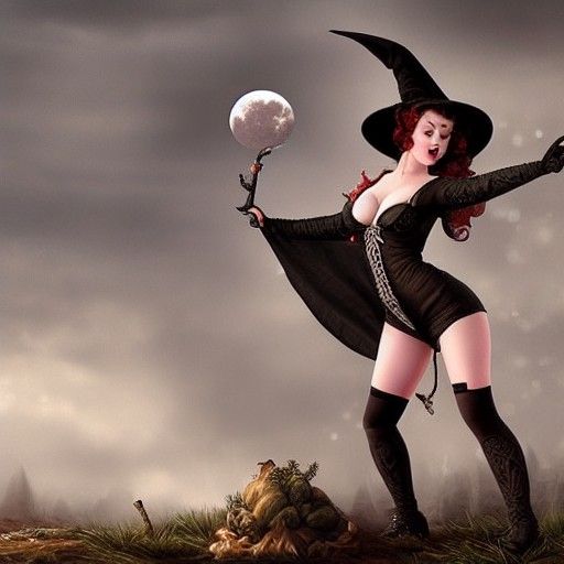 Dramatic Pin-Up Witch in Digital Matte Painting