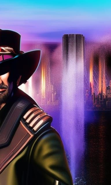 Cyberpunk Cowboy with Lightsaber in Neon Desert