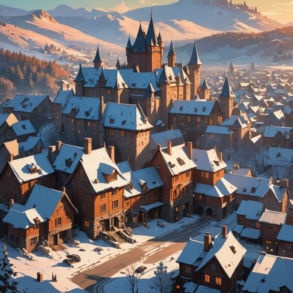 Snowy Village with Castle: Fantasy Matte Painting