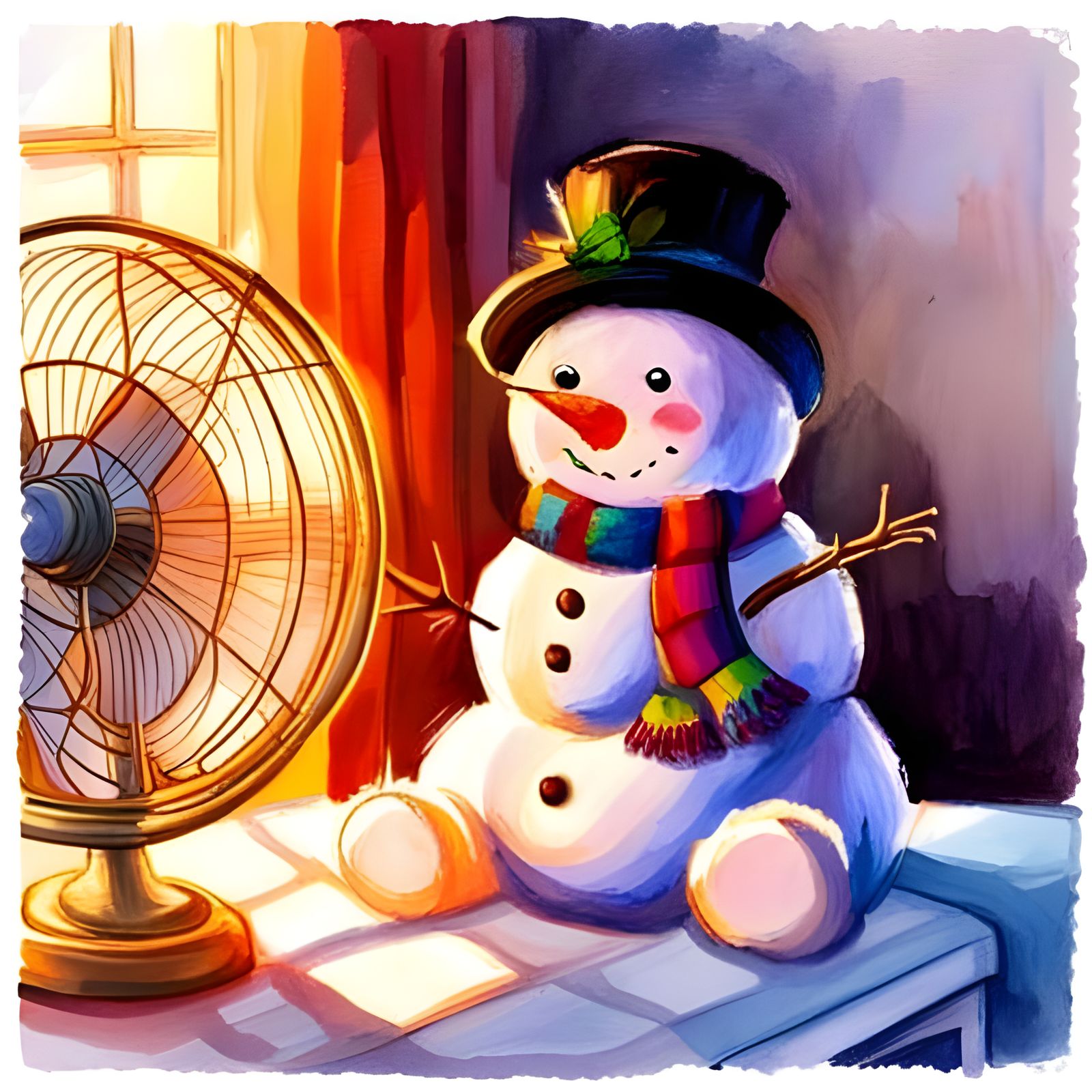 Snowman in front of a fan