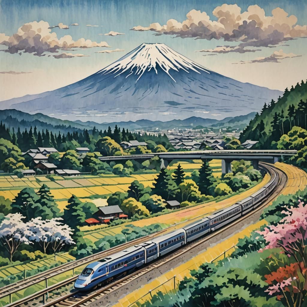 Shinkansen Train Through Japan in Gouache Style