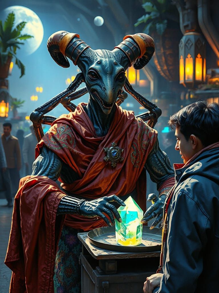 Alien Merchant Haggling in Exotic Market, Dramatic Lighting