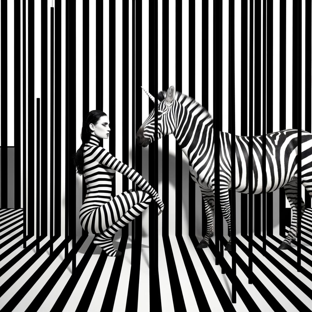 Surreal Striped Woman Meets Zebra Unicorn in Fragmented Drea...