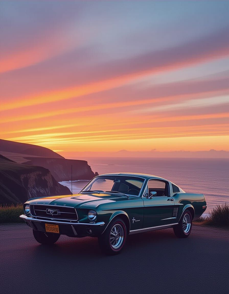 Vintage Mustang on Cliff at Sunset