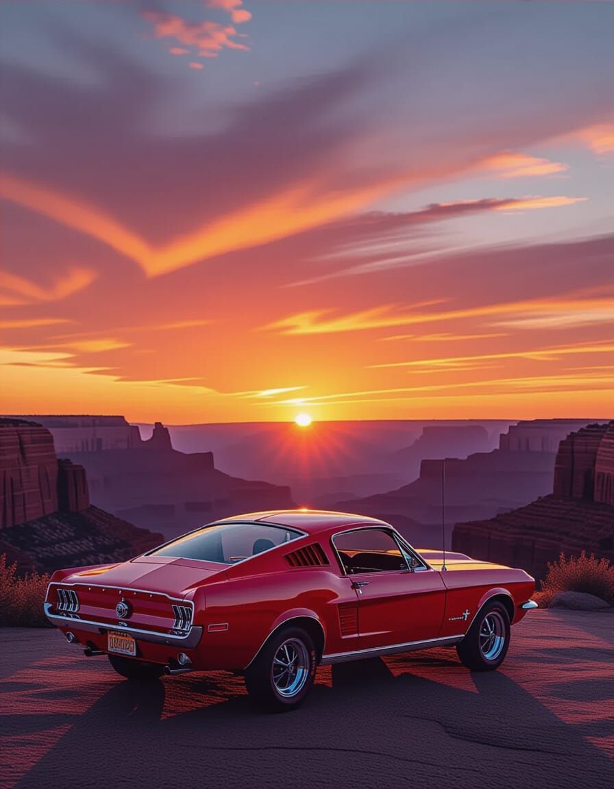 Vintage Red Mustang on Cliff at Fiery Sunset