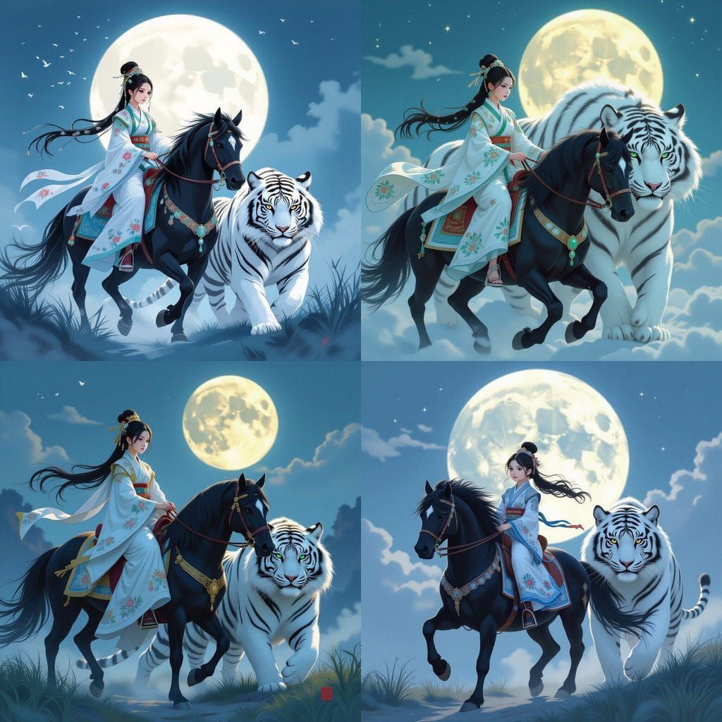 Girl in Hanfu Riding Stallion with White Tiger