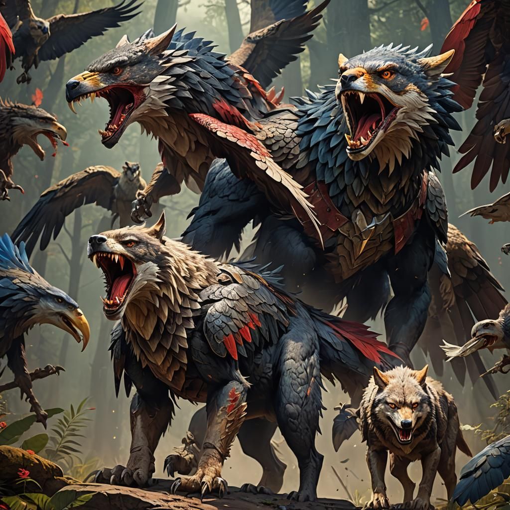 Wolf-Headed Eagle-Winged Creature in Detailed Fantasy Art