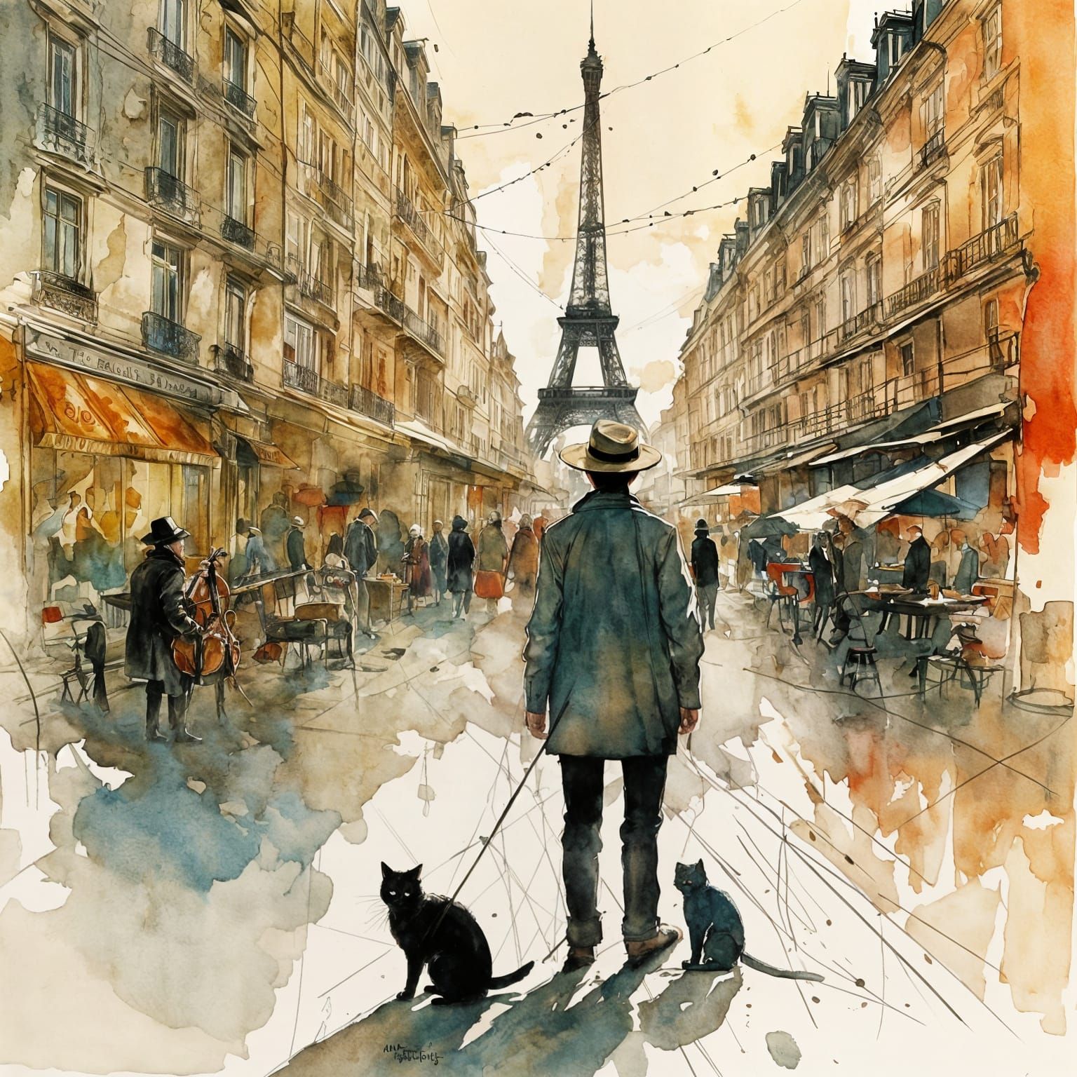 Paris Violinist in Finely Stylized Watercolor Style